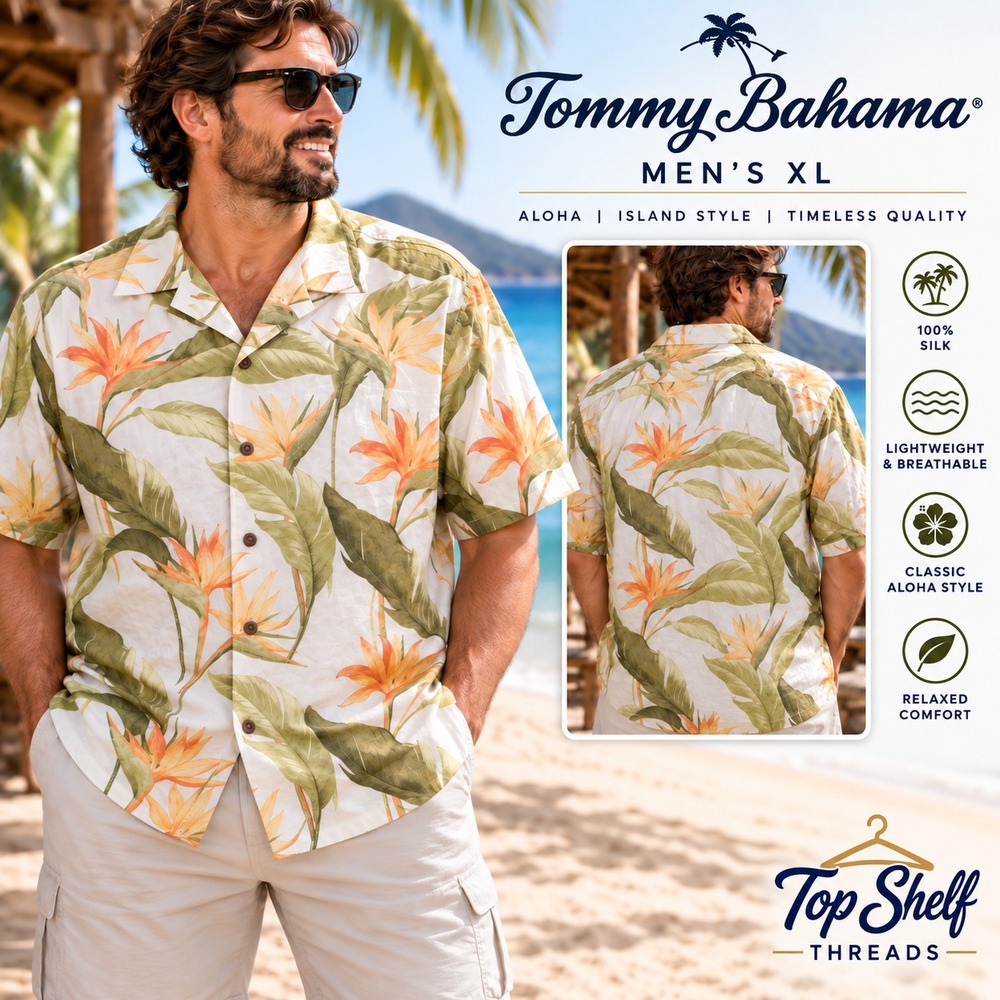 Tommy Bahama 100% Silk Shirt Men XL Floral AOP Loop Camp Collar Hawaiian Aloha